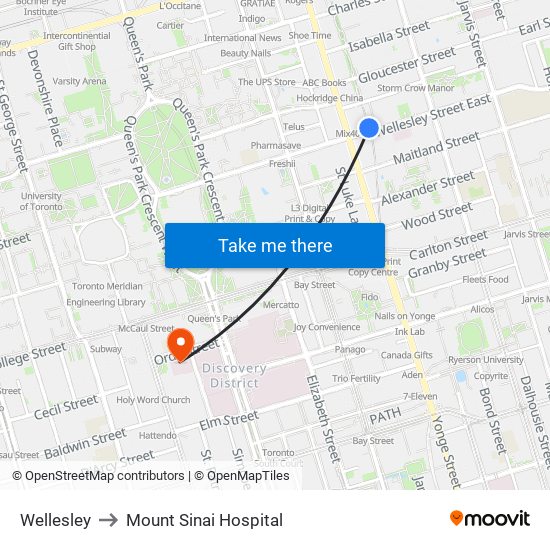 Wellesley to Mount Sinai Hospital map