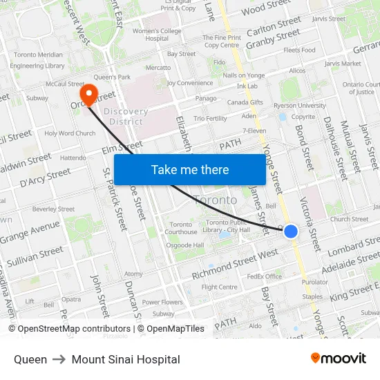 Queen to Mount Sinai Hospital map