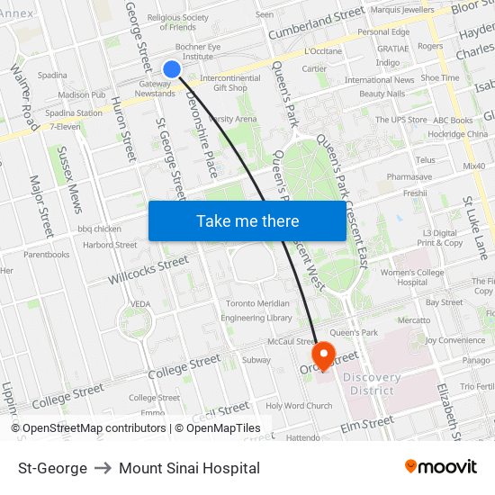 St-George to Mount Sinai Hospital map