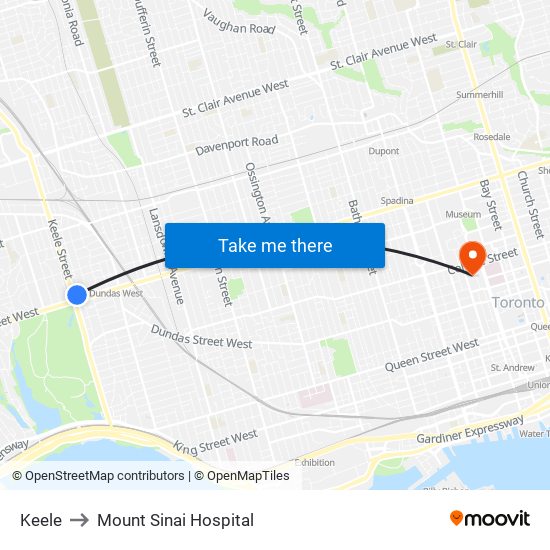 Keele to Mount Sinai Hospital map