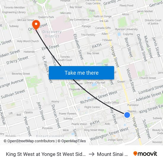 King St West at Yonge St West Side - King Station to Mount Sinai Hospital map