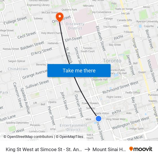 King St West at Simcoe St - St. Andrew Station to Mount Sinai Hospital map