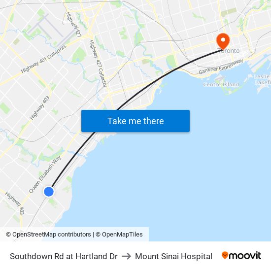 Southdown Rd at Hartland Dr to Mount Sinai Hospital map