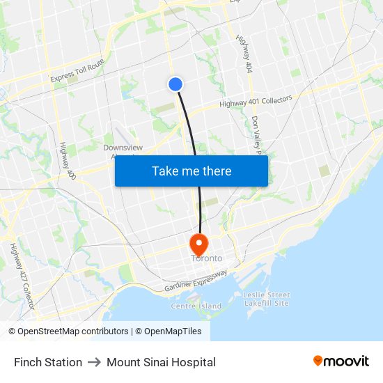 Finch Station to Mount Sinai Hospital map