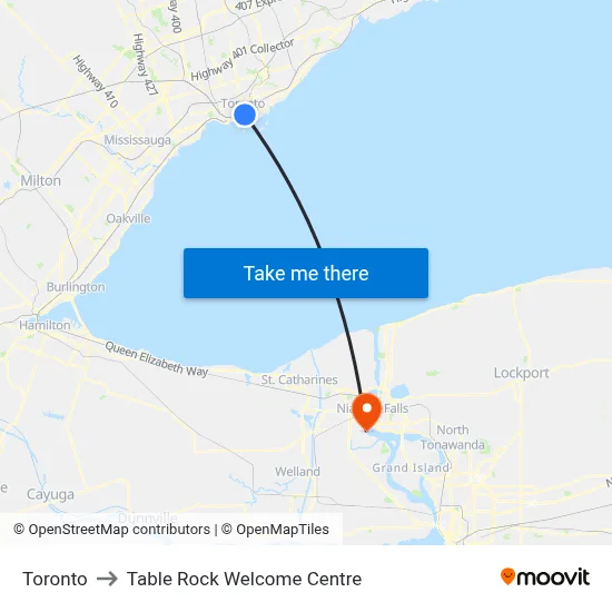 Toronto to Table Rock Welcome Centre map