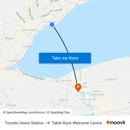 Toronto Union Station to Table Rock Welcome Centre map