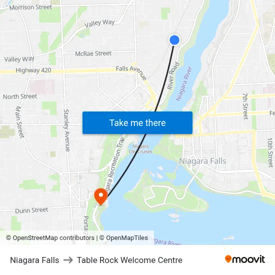 Niagara Falls to Table Rock Welcome Centre map