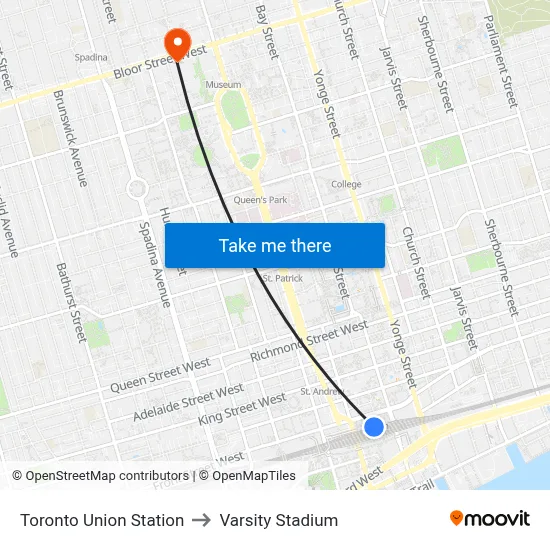 Toronto Union Station to Varsity Stadium map