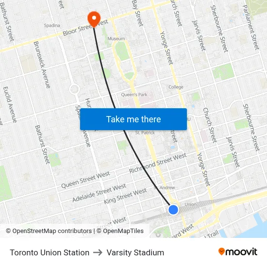 Toronto Union Station to Varsity Stadium map