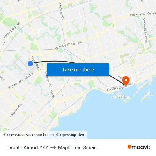 Toronto Airport YYZ to Maple Leaf Square map
