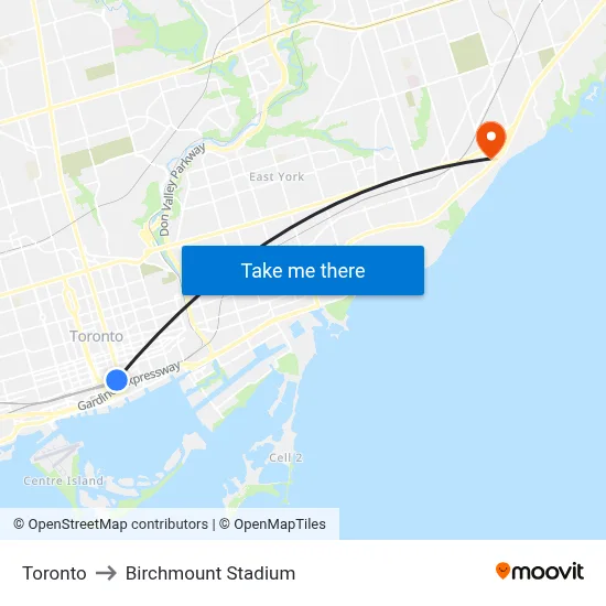 Toronto to Birchmount Stadium map