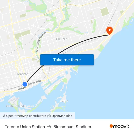 Toronto Union Station to Birchmount Stadium map