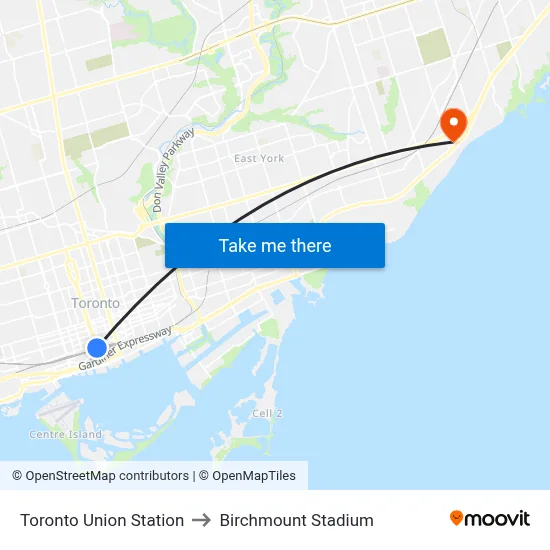 Toronto Union Station to Birchmount Stadium map