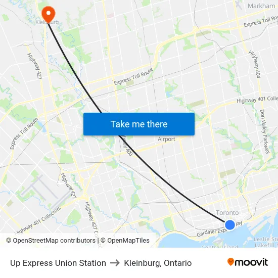 Up Express Union Station to Kleinburg, Ontario map