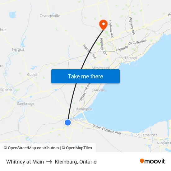 Whitney at Main to Kleinburg, Ontario map