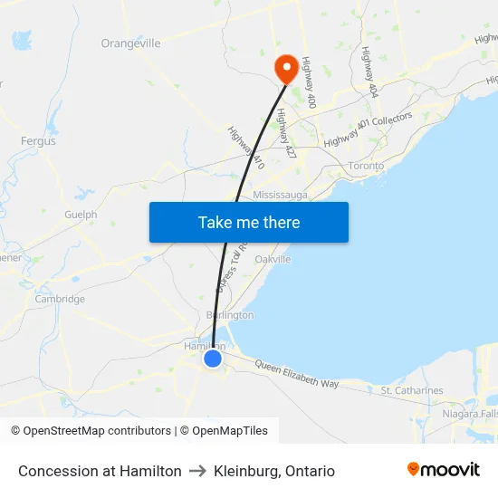 Concession at Hamilton to Kleinburg, Ontario map
