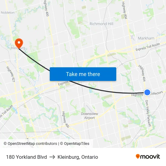 180 Yorkland Blvd to Kleinburg, Ontario map