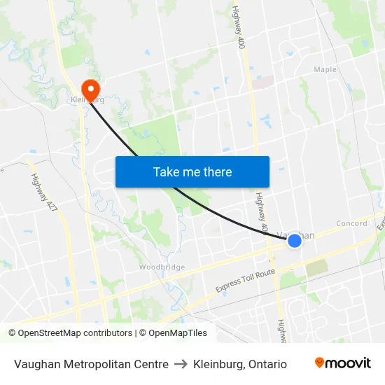 Vaughan Metropolitan Centre to Kleinburg, Ontario map