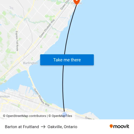 Barton at Fruitland to Oakville, Ontario map