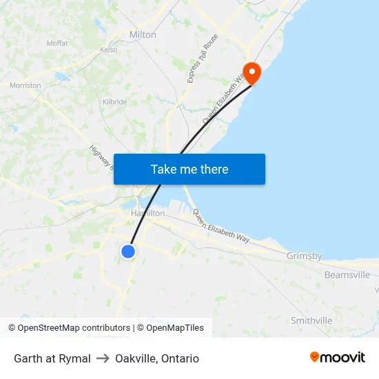 Garth at Rymal to Oakville, Ontario map