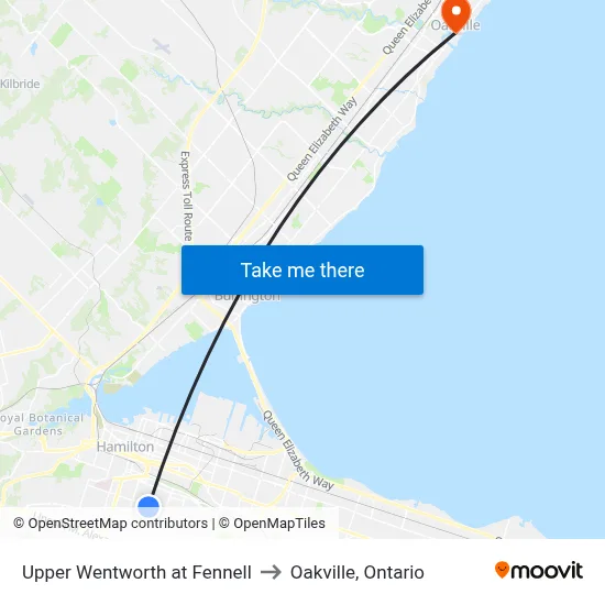 Upper Wentworth at Fennell to Oakville, Ontario map