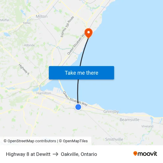 Highway 8 at Dewitt to Oakville, Ontario map