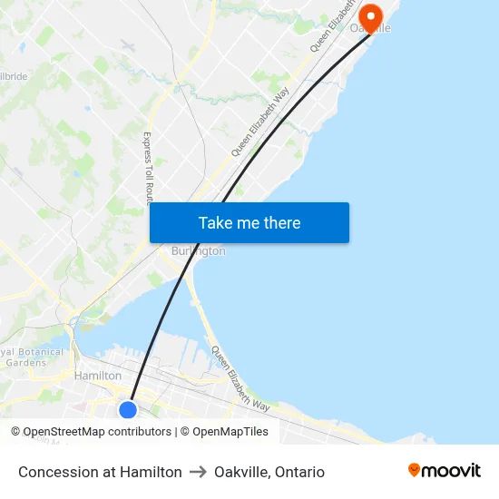 Concession at Hamilton to Oakville, Ontario map