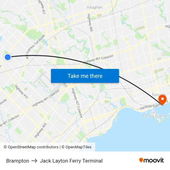 Brampton to Jack Layton Ferry Terminal map
