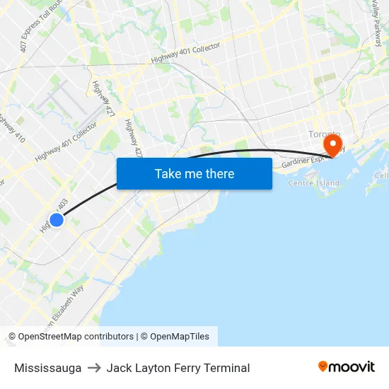 Mississauga to Jack Layton Ferry Terminal map