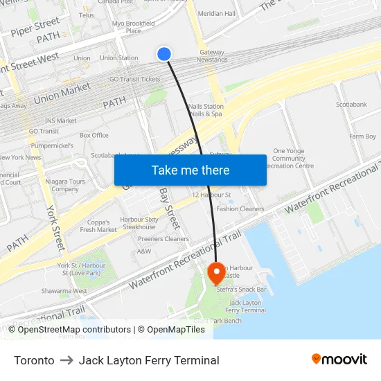 Toronto to Jack Layton Ferry Terminal map