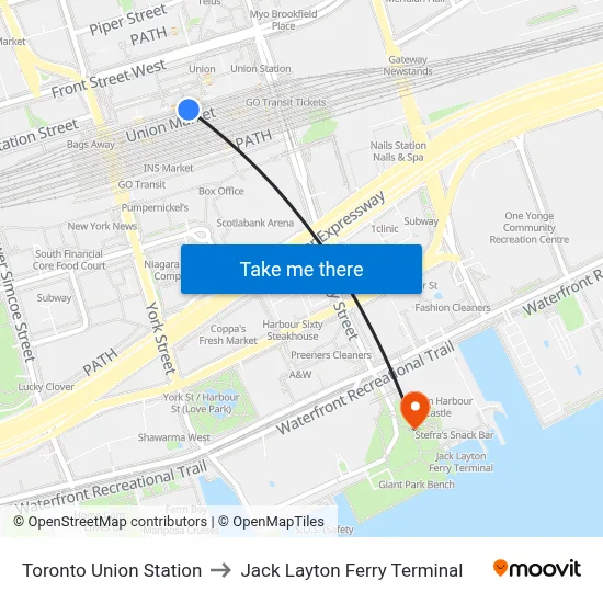 Toronto Union Station to Jack Layton Ferry Terminal map