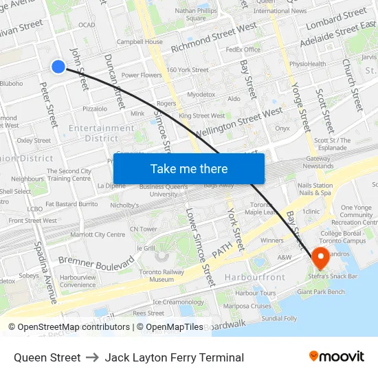Queen Street to Jack Layton Ferry Terminal map