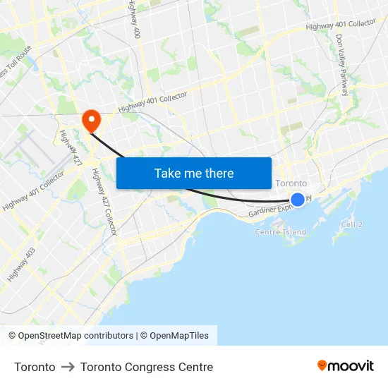 Toronto to Toronto Congress Centre map