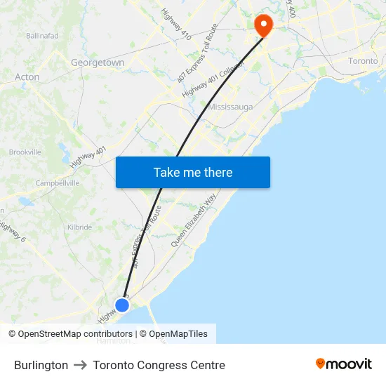 Burlington to Toronto Congress Centre map