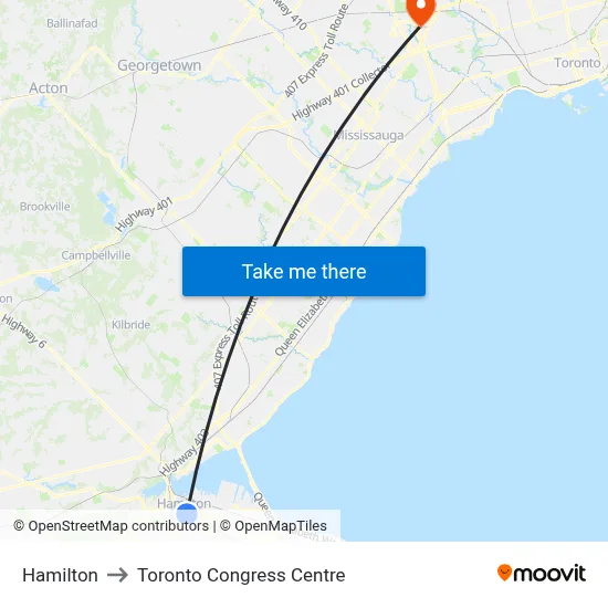 Hamilton to Toronto Congress Centre map