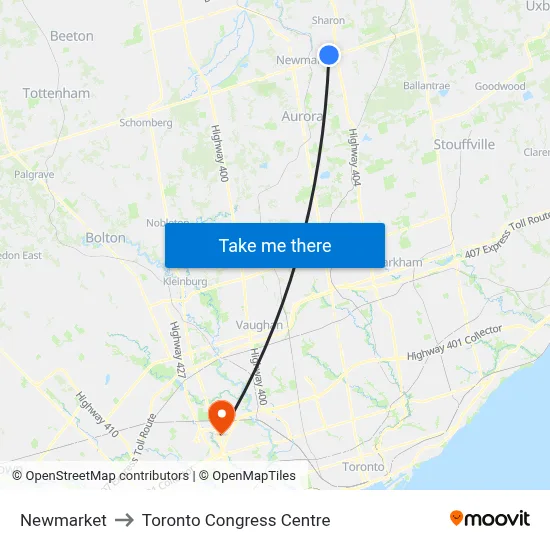 Newmarket to Toronto Congress Centre map