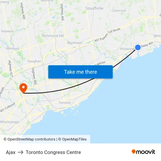 Ajax to Toronto Congress Centre map