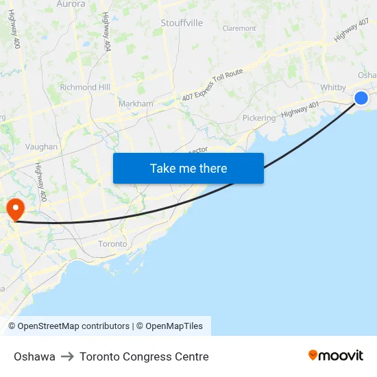 Oshawa to Toronto Congress Centre map