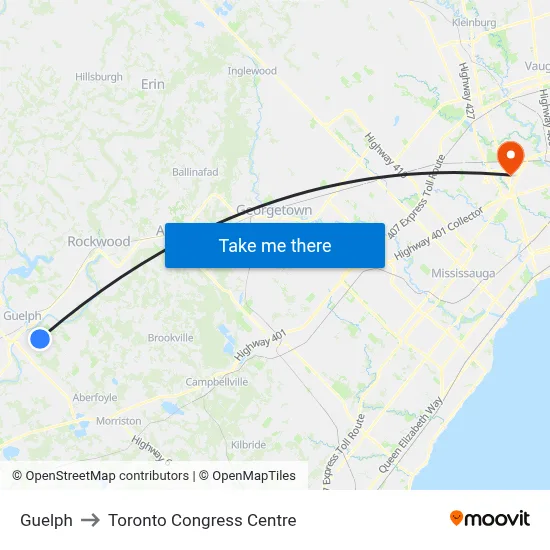 Guelph to Toronto Congress Centre map