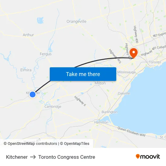 Kitchener to Toronto Congress Centre map