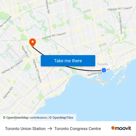 Toronto Union Station to Toronto Congress Centre map