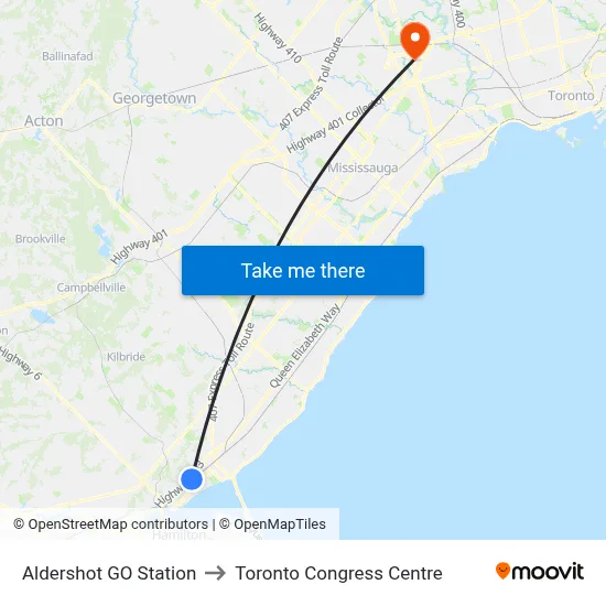 Aldershot GO Station to Toronto Congress Centre map