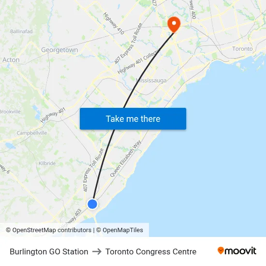 Burlington GO Station to Toronto Congress Centre map