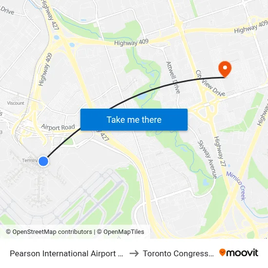 Pearson International Airport Terminal 1 to Toronto Congress Centre map