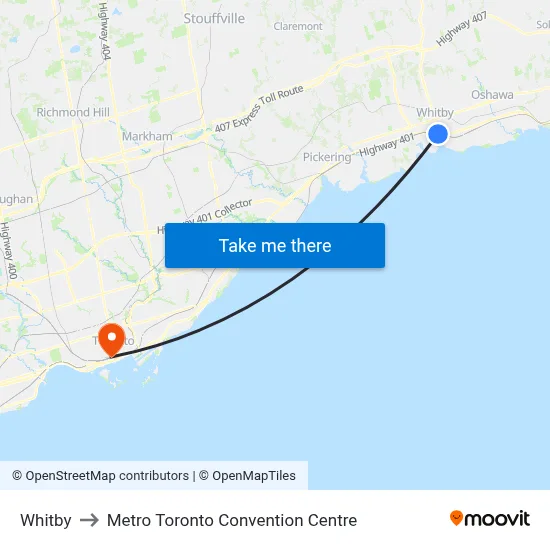 Whitby to Metro Toronto Convention Centre map