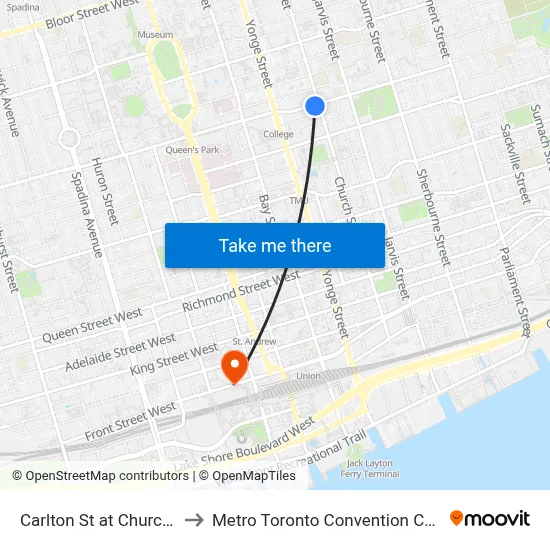 Carlton St at Church St to Metro Toronto Convention Centre map