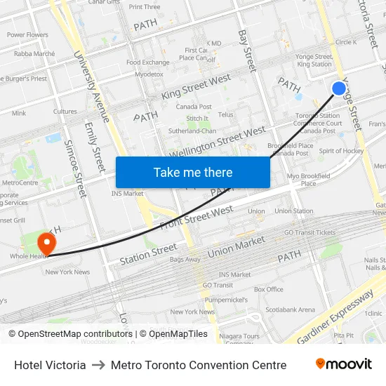Hotel Victoria to Metro Toronto Convention Centre map