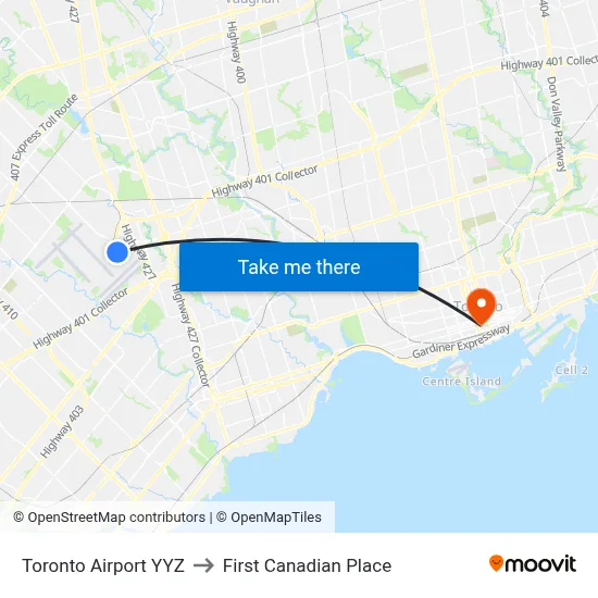 Toronto Airport YYZ to First Canadian Place map