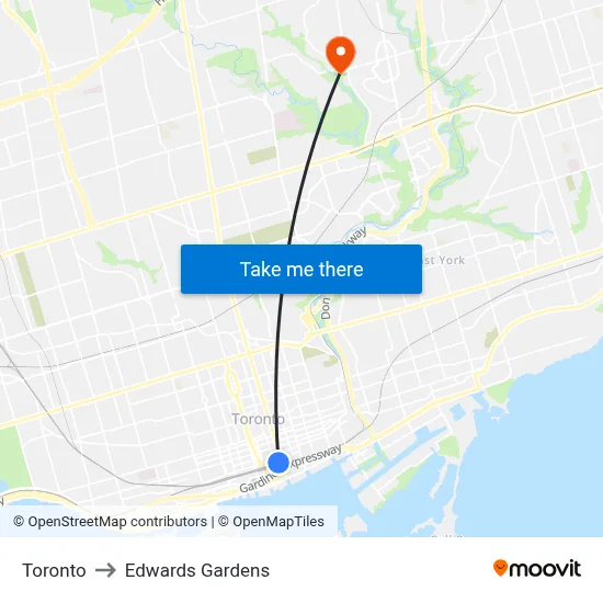 Toronto to Edwards Gardens map