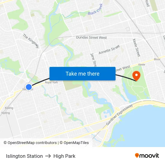 Islington Station to High Park map